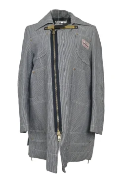 Striped indigo cotton denim spread collar Gail wrap-front zip-up utility coat with metallic throat latch