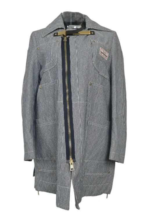 Striped indigo cotton denim spread collar Gail wrap-front zip-up utility coat with metallic throat latch