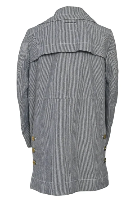 Striped indigo cotton denim spread collar Gail wrap-front zip-up utility coat with metallic throat latch