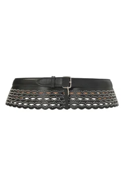 Studded laser-cut leather harness waist belt with scalloped edges
