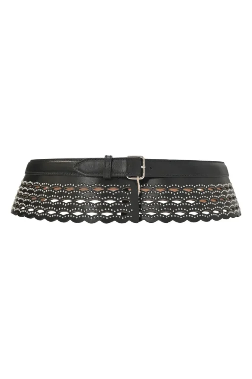 Studded laser-cut leather harness waist belt with scalloped edges