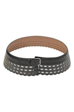 Studded laser-cut leather harness waist belt with scalloped edges