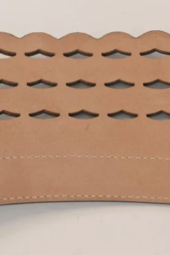 Studded laser-cut leather harness waist belt with scalloped edges