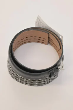 Studded laser-cut leather harness waist belt with scalloped edges