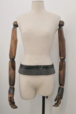 Studded laser-cut leather harness waist belt with scalloped edges