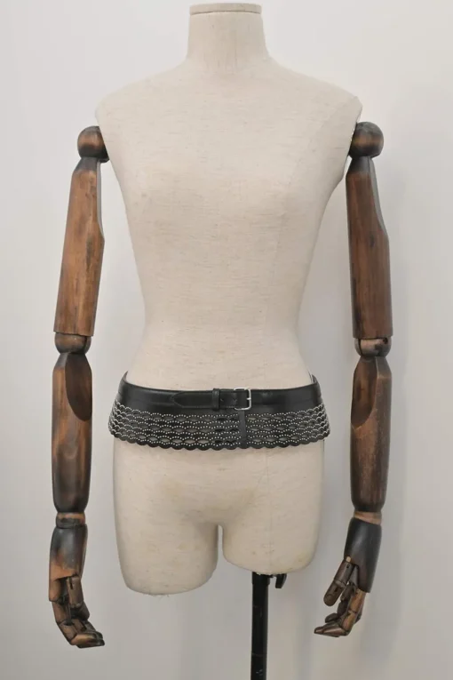 Studded laser-cut leather harness waist belt with scalloped edges