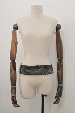 Studded laser-cut leather harness waist belt with scalloped edges