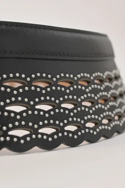 Studded laser-cut leather harness waist belt with scalloped edges