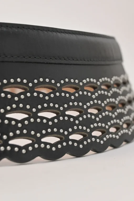 Studded laser-cut leather harness waist belt with scalloped edges