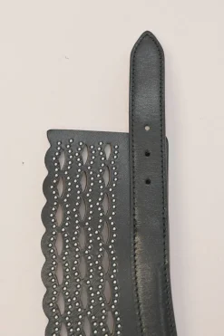 Studded laser-cut leather harness waist belt with scalloped edges