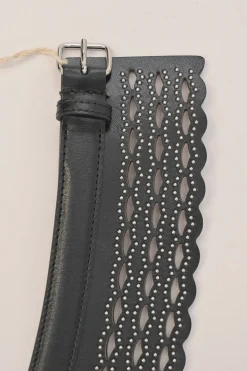 Studded laser-cut leather harness waist belt with scalloped edges