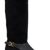 Suede and leather round toe mid calf boots with golden hardware logo buckle on the sides