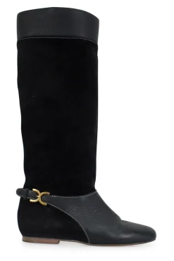 Suede and leather round toe mid calf boots with golden hardware logo buckle on the sides