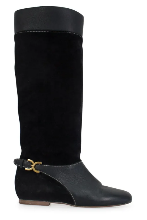 Suede and leather round toe mid calf boots with golden hardware logo buckle on the sides