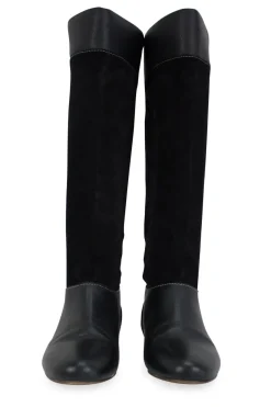 Suede and leather round toe mid calf boots with golden hardware logo buckle on the sides