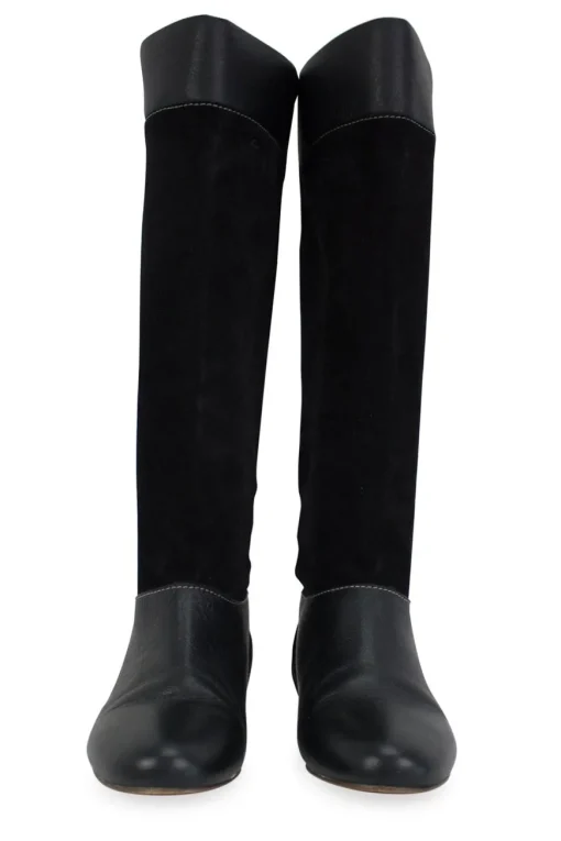 Suede and leather round toe mid calf boots with golden hardware logo buckle on the sides