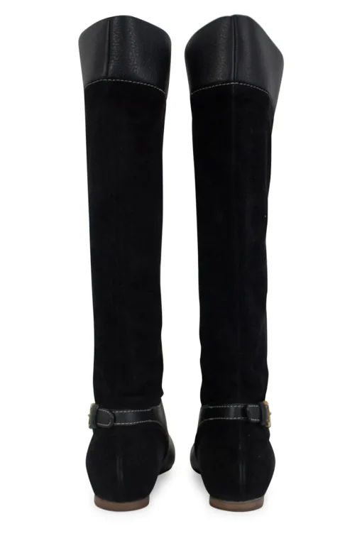 Suede and leather round toe mid calf boots with golden hardware logo buckle on the sides