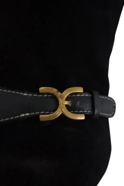 Suede and leather round toe mid calf boots with golden hardware logo buckle on the sides