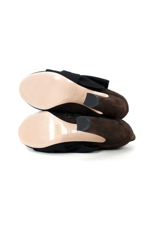 suede brown heel boots with black felt trim