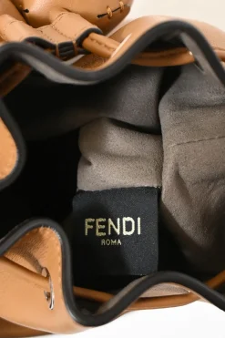 Tan calfskin leather F is Fendi 3D Flower Mini Mon Trésor bucket bag