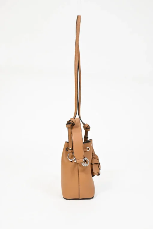 Tan calfskin leather F is Fendi 3D Flower Mini Mon Trésor bucket bag