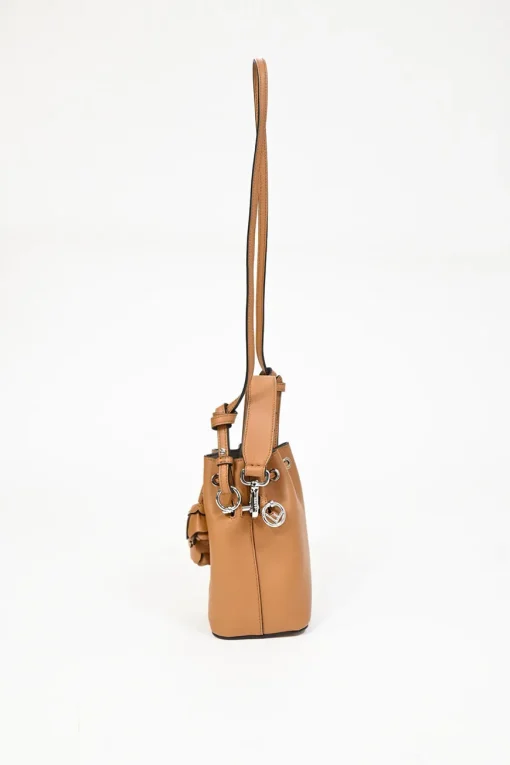 Tan calfskin leather F is Fendi 3D Flower Mini Mon Trésor bucket bag