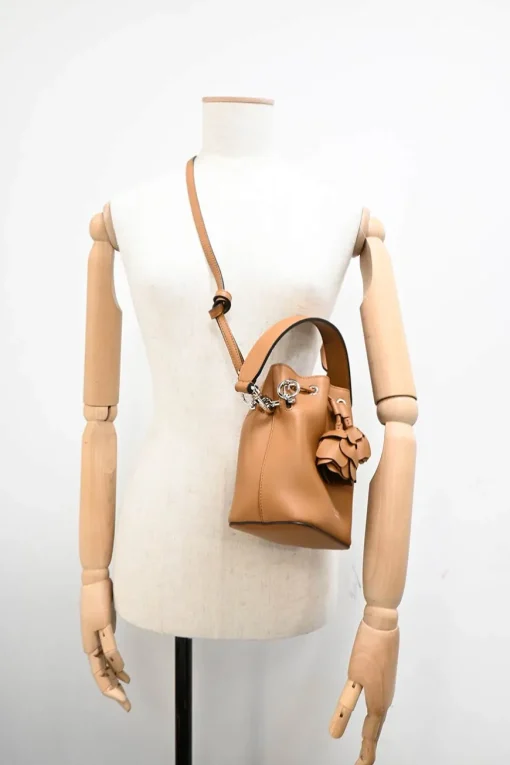 Tan calfskin leather F is Fendi 3D Flower Mini Mon Trésor bucket bag