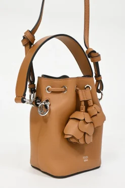 Tan calfskin leather F is Fendi 3D Flower Mini Mon Trésor bucket bag
