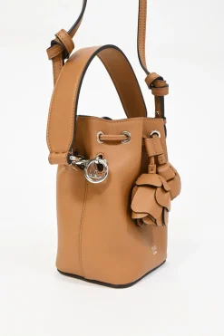 Tan calfskin leather F is Fendi 3D Flower Mini Mon Trésor bucket bag