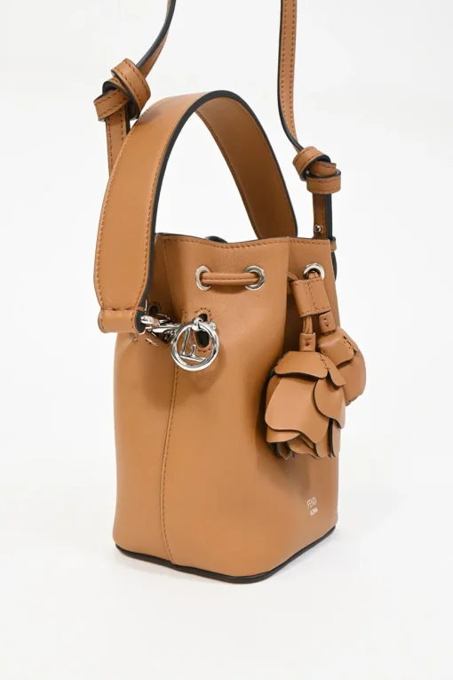 Tan calfskin leather F is Fendi 3D Flower Mini Mon Trésor bucket bag
