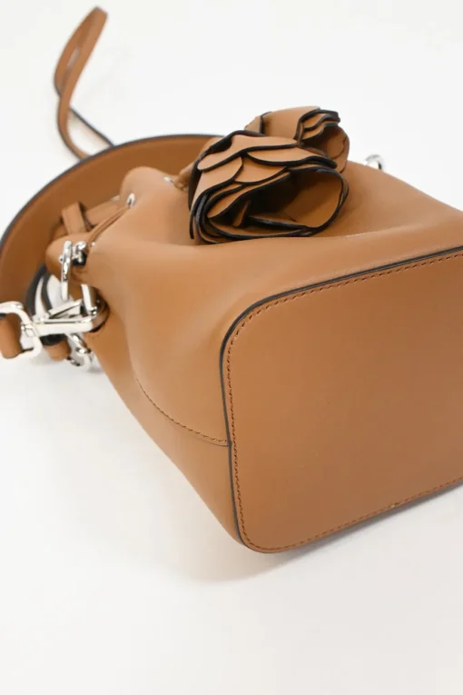 Tan calfskin leather F is Fendi 3D Flower Mini Mon Trésor bucket bag