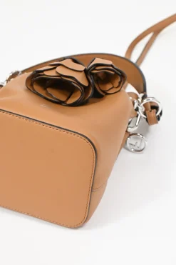 Tan calfskin leather F is Fendi 3D Flower Mini Mon Trésor bucket bag