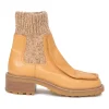 Tan leather and rubber Jamie moc-toe Chelsea boots with marled knit cuffs and track soles