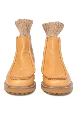 Tan leather and rubber Jamie moc-toe Chelsea boots with marled knit cuffs and track soles