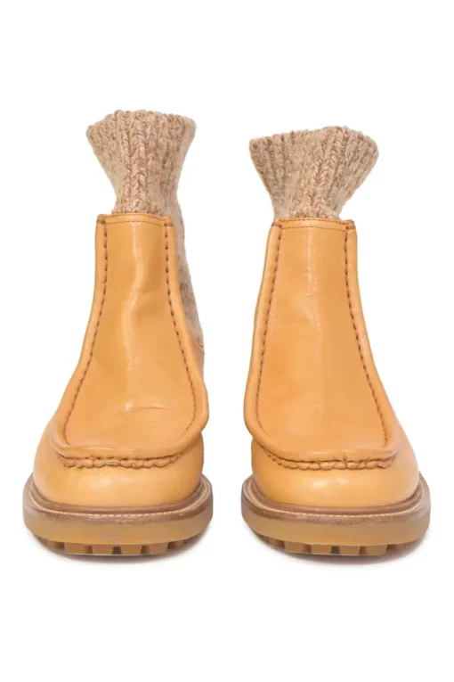 Tan leather and rubber Jamie moc-toe Chelsea boots with marled knit cuffs and track soles