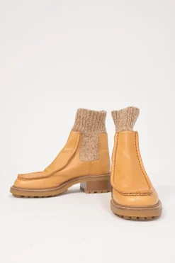 Tan leather and rubber Jamie moc-toe Chelsea boots with marled knit cuffs and track soles