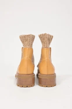 Tan leather and rubber Jamie moc-toe Chelsea boots with marled knit cuffs and track soles