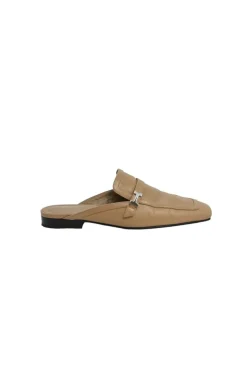 Tan leather Groupie square-toe slip-on mules with palladium-plated H buckle appliqué