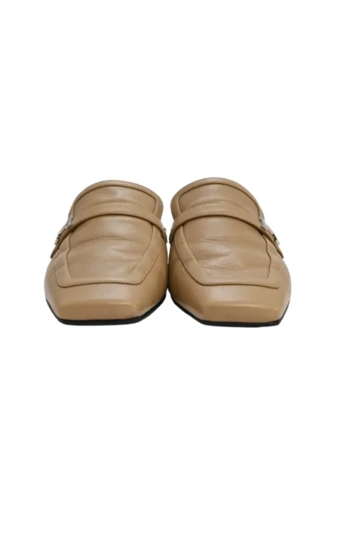 Tan leather Groupie square-toe slip-on mules with palladium-plated H buckle appliqué
