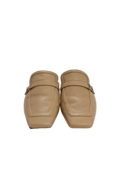 Tan leather Groupie square-toe slip-on mules with palladium-plated H buckle appliqué