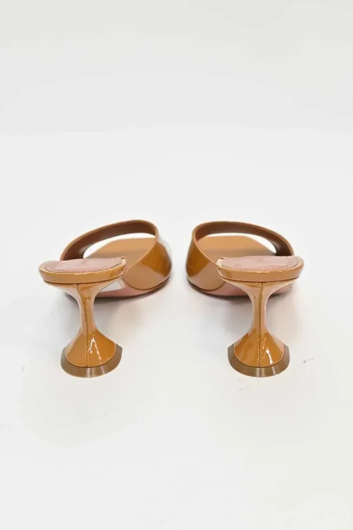 Tan patent leather and leather Lupita slide sandals with sculpted comma heels
