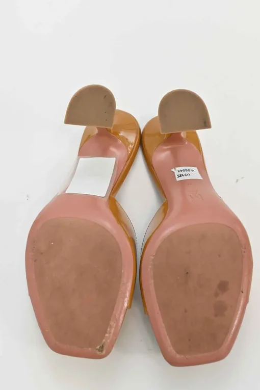 Tan patent leather and leather Lupita slide sandals with sculpted comma heels