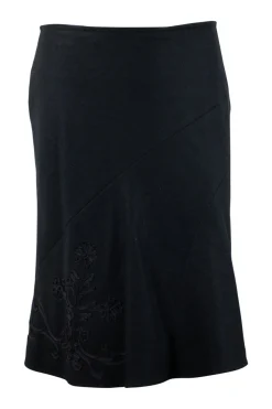 Tara Jarmon black wool flared skirt with flower embroidery. SIde button up