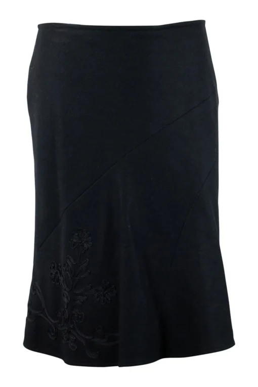 Tara Jarmon black wool flared skirt with flower embroidery. SIde button up