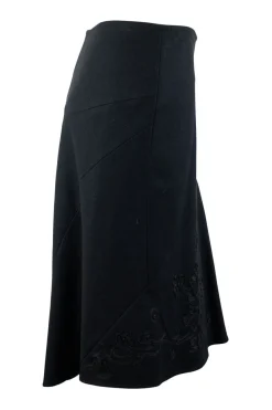 Tara Jarmon black wool flared skirt with flower embroidery. SIde button up