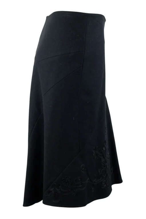 Tara Jarmon black wool flared skirt with flower embroidery. SIde button up