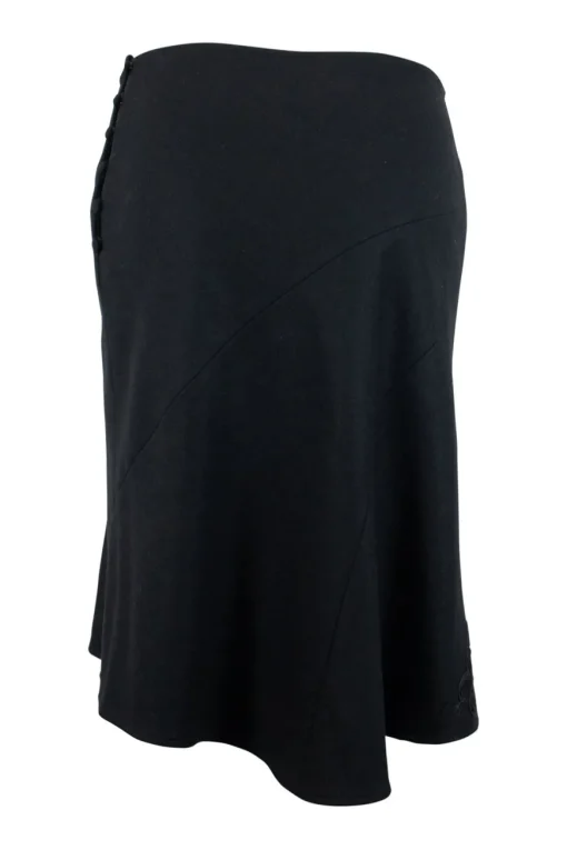 Tara Jarmon black wool flared skirt with flower embroidery. SIde button up