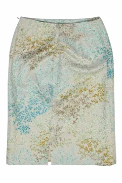 Taupe and blue cotton-blend floral tapestry jacquard knee-length slit skirt