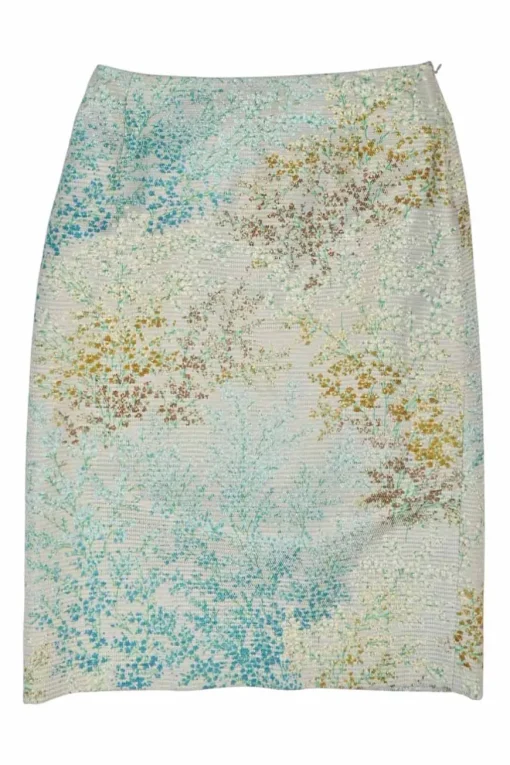 Taupe and blue cotton-blend floral tapestry jacquard knee-length slit skirt
