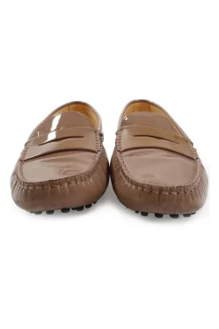 Taupe brown patent leather slip-on Gommino driving shoes